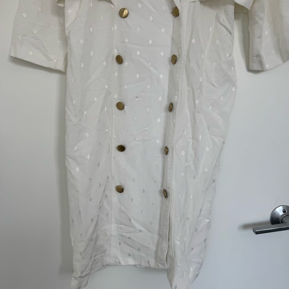 14 Vintage Old Money Minimalist White Patterned Collared V-Neck Midi Dress Gold - Picture 12 of 13